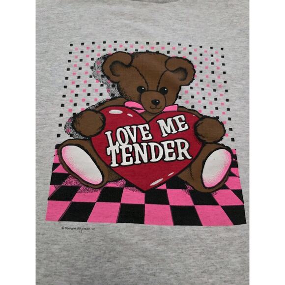 Vintage Teddy Bear Tee Shirt Love Me Tender Heart Elvis 90s Single Stitch XL USA - Picture 1 of 12